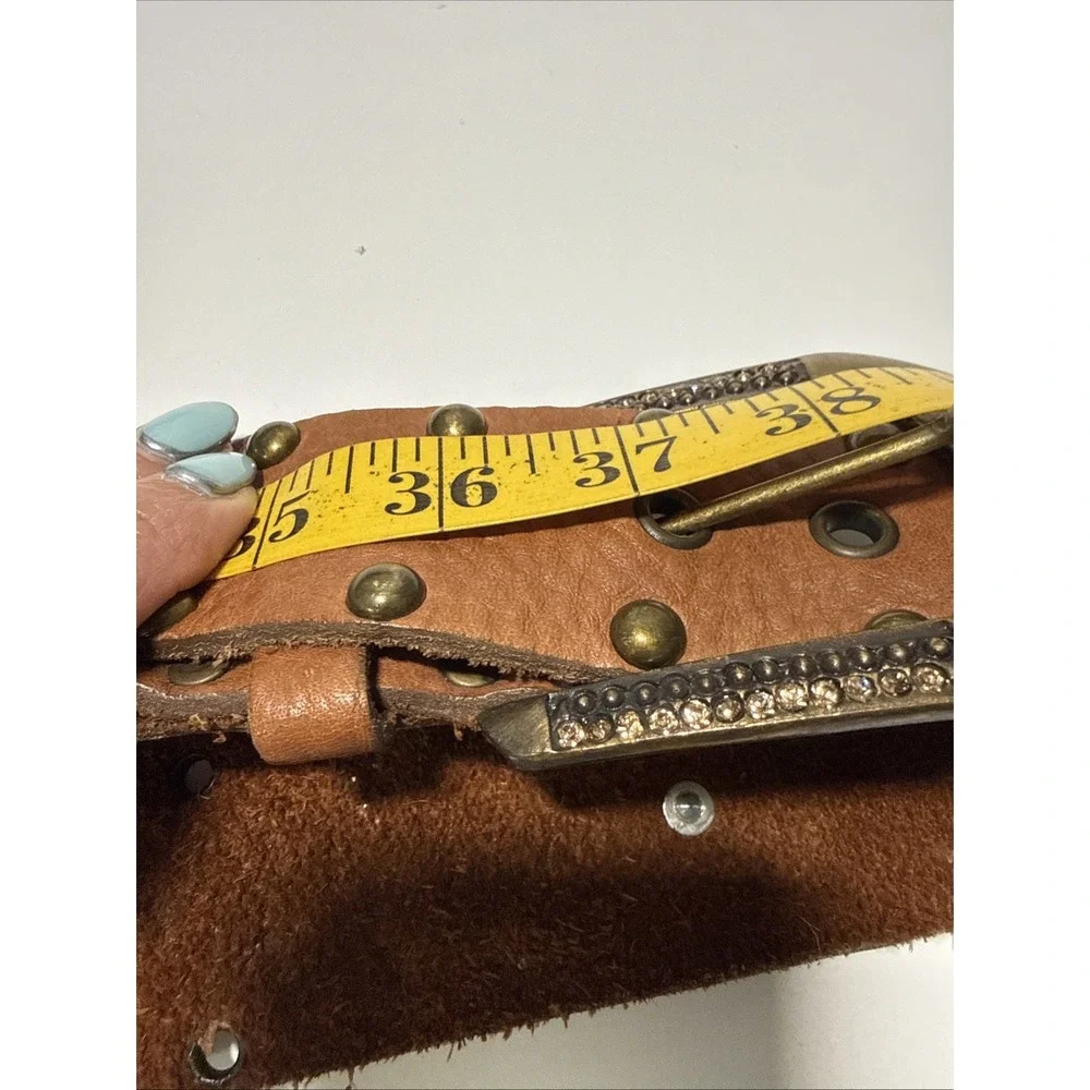 LeatheRock Womens Brown Leather Studded Rhinestone Belt Size M34 Boho Cowgirl